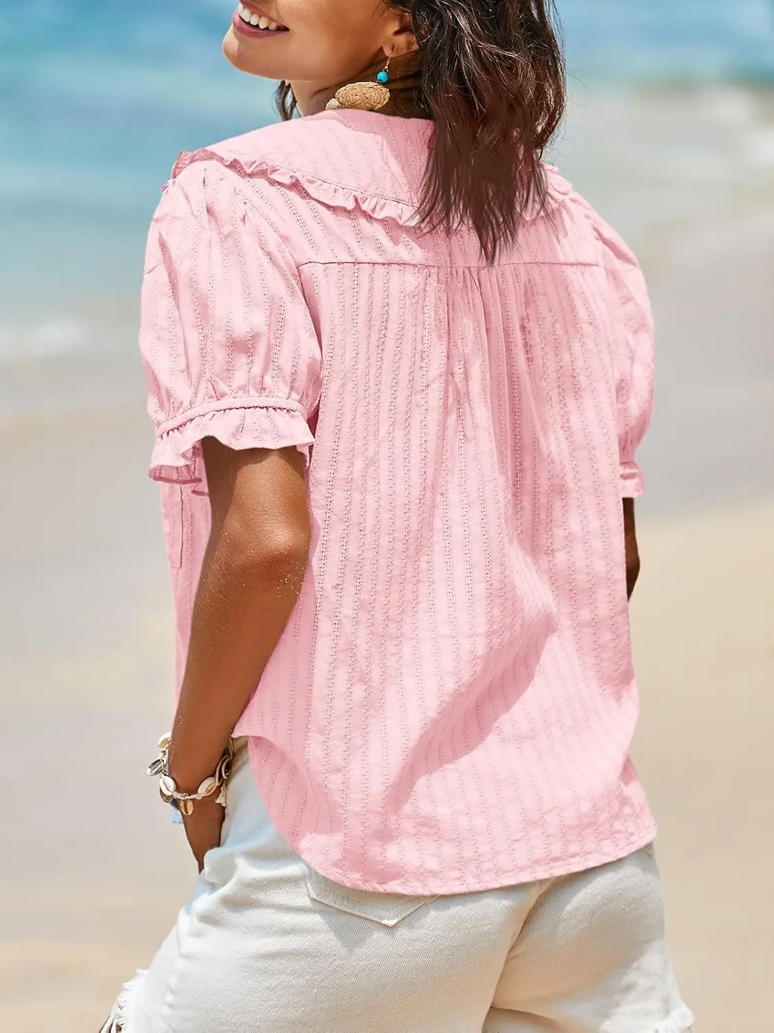 Tankaneo Womens Puff Sleeve Shirts Peter Pan Collar Button Down Cotton Blouse Casual Summer Textured Tops