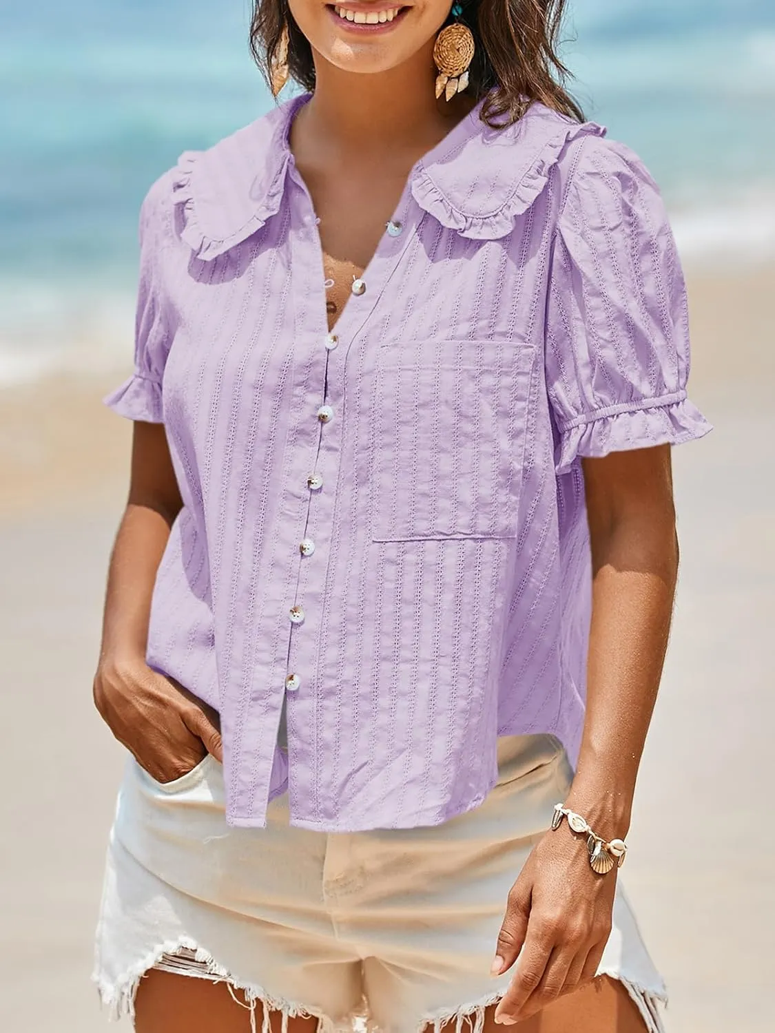 Tankaneo Womens Puff Sleeve Shirts Peter Pan Collar Button Down Cotton Blouse Casual Summer Textured Tops