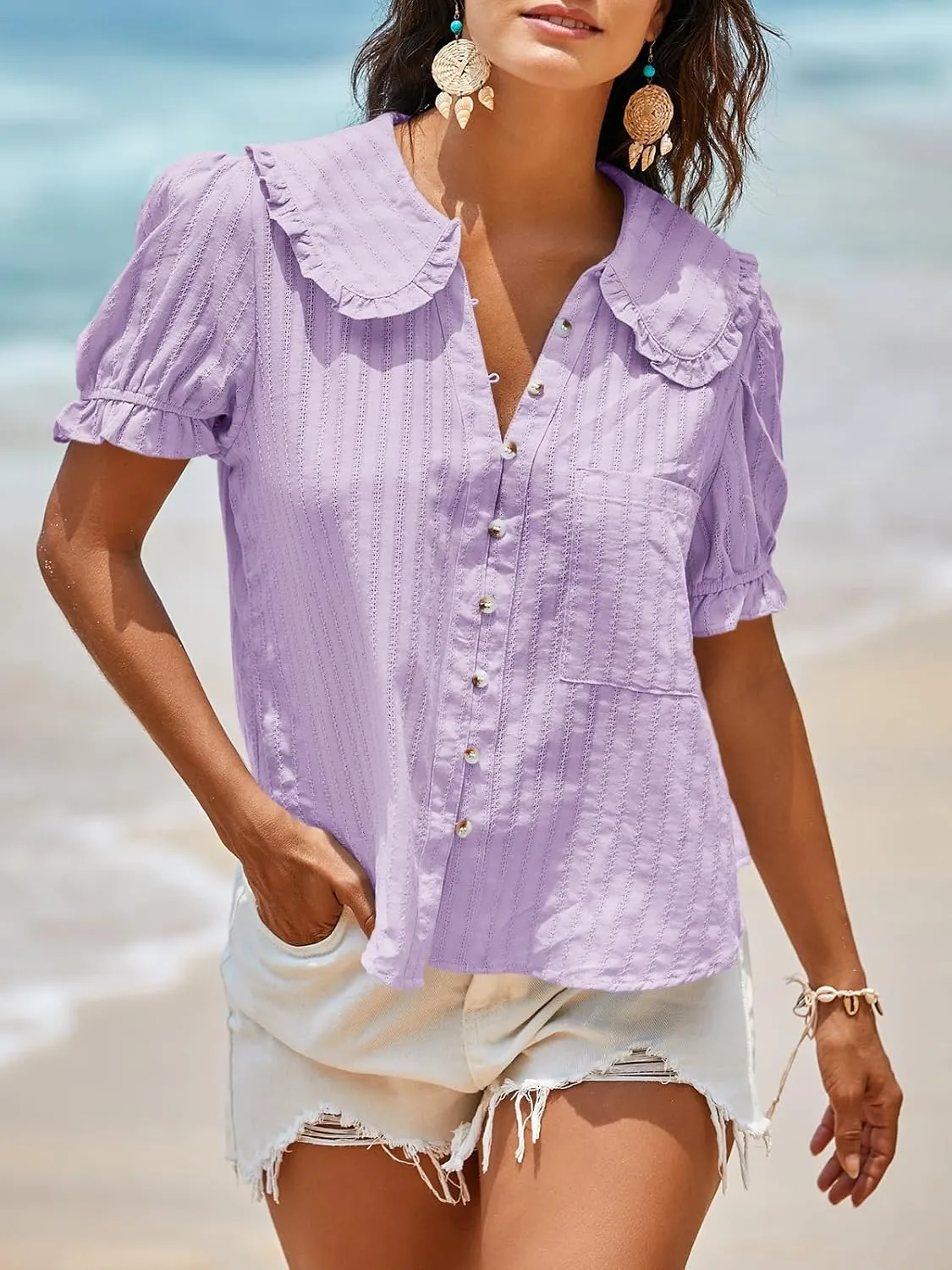 Tankaneo Womens Puff Sleeve Shirts Peter Pan Collar Button Down Cotton Blouse Casual Summer Textured Tops