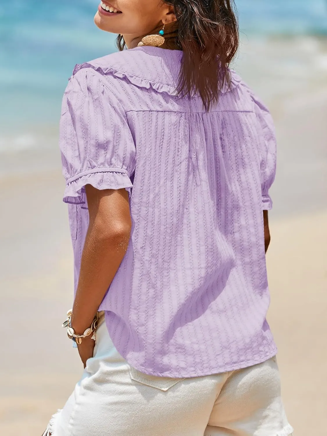 Tankaneo Womens Puff Sleeve Shirts Peter Pan Collar Button Down Cotton Blouse Casual Summer Textured Tops