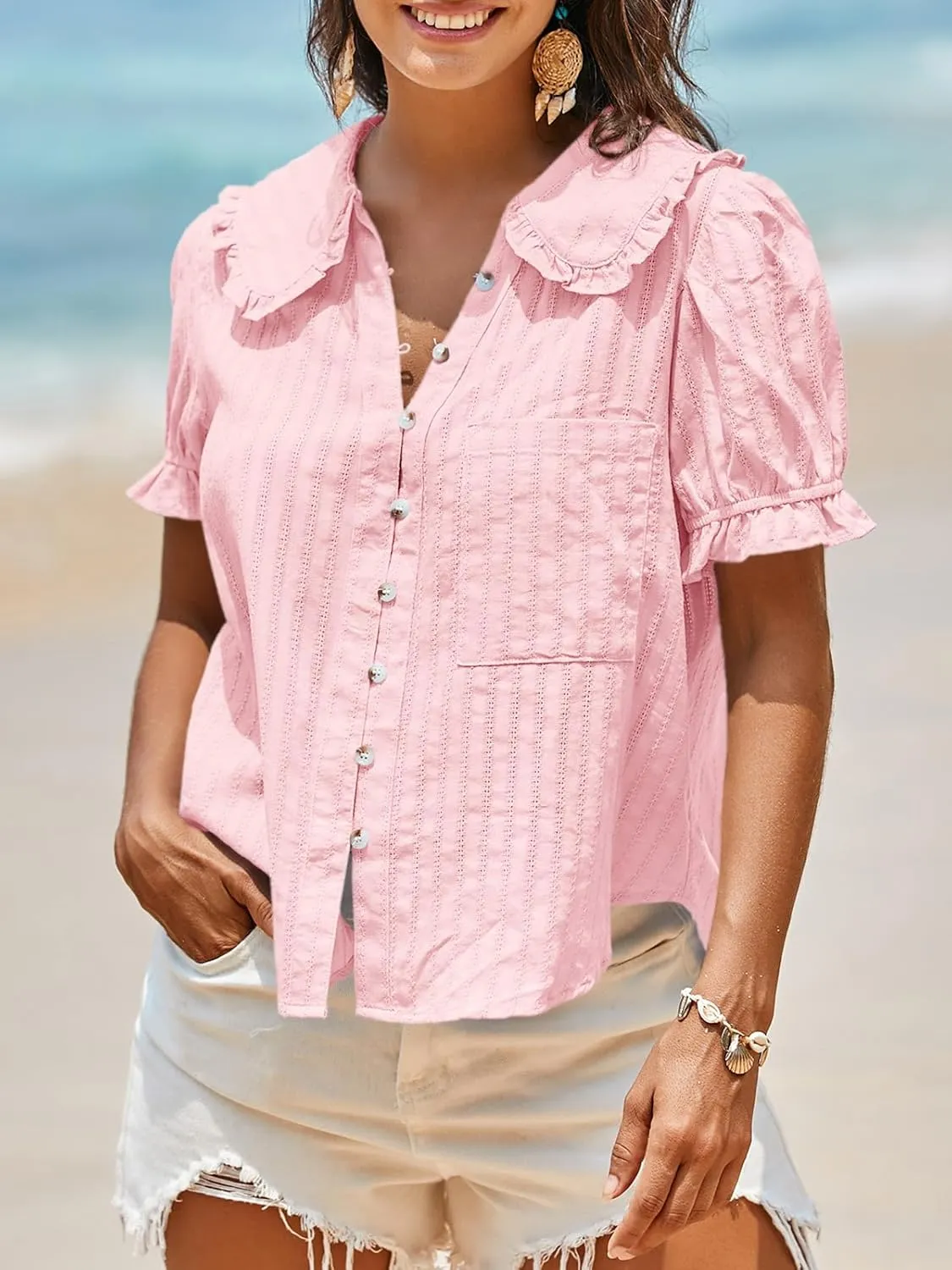Tankaneo Womens Puff Sleeve Shirts Peter Pan Collar Button Down Cotton Blouse Casual Summer Textured Tops