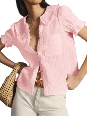 Tankaneo Womens Puff Sleeve Shirts Peter Pan Collar Button Down Cotton Blouse Casual Summer Textured Tops