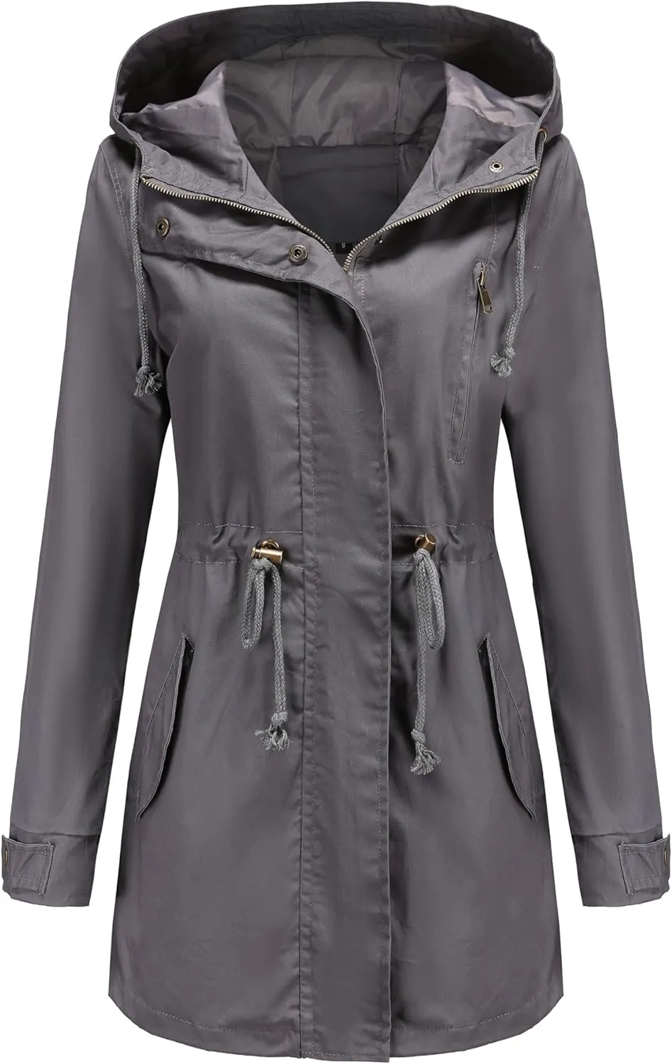Women Trench Coat Windbreaker Zip Up Jacket With Pockets Casual Long Sleeve Outwear with Waist Drawstring