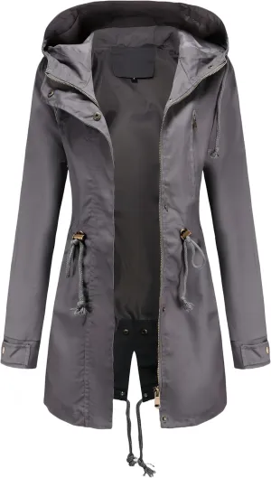Women Trench Coat Windbreaker Zip Up Jacket With Pockets Casual Long Sleeve Outwear with Waist Drawstring