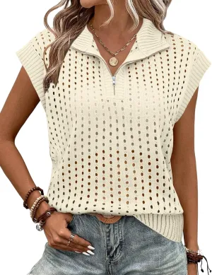 Womens Hollow Out Sweater Vest Summer Casual Quarter Zip Cap Sleeve Crochet Knit Tops