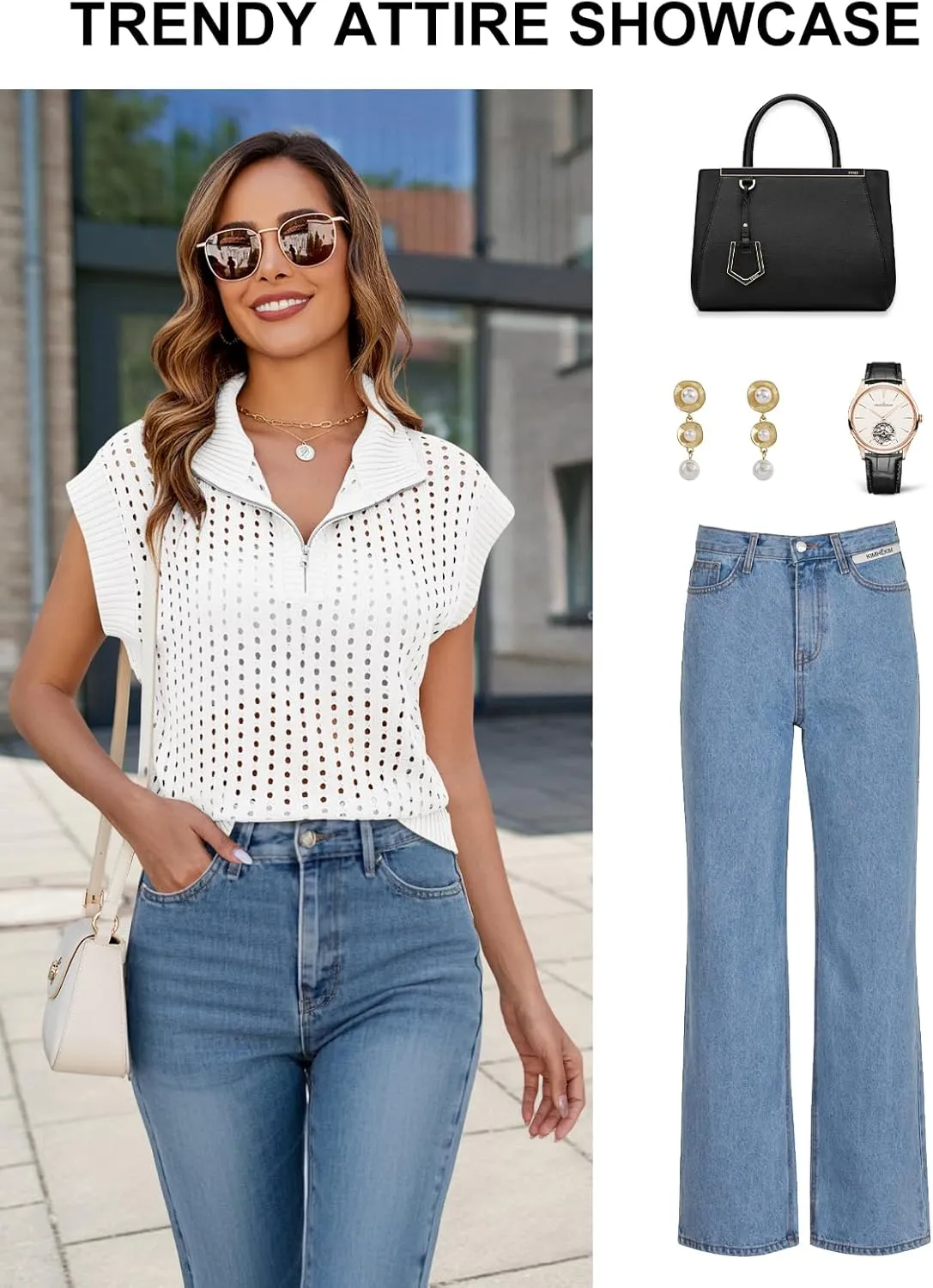 Womens Hollow Out Sweater Vest Summer Casual Quarter Zip Cap Sleeve Crochet Knit Tops