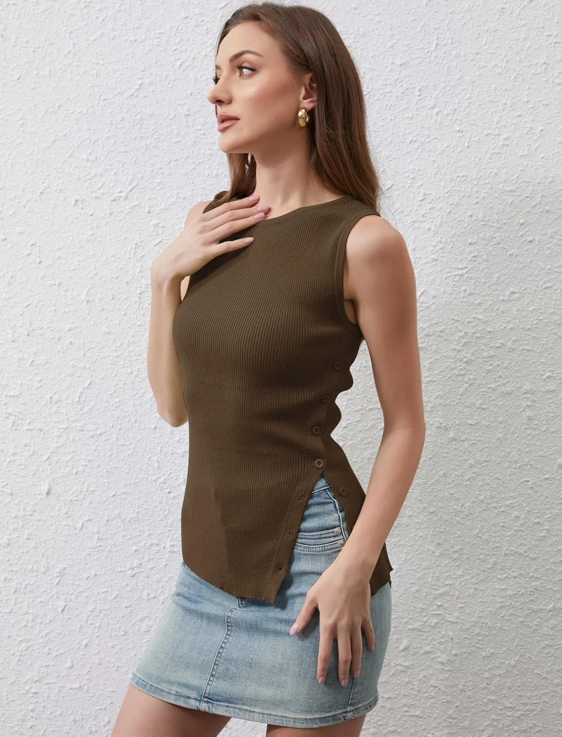 Ythomm Womens Asymmetrical Side-Button Slit Tank Tops Sleeveless Boat Neck Ribbed Knit Sweater Vest Solid Slim Going Out Tops