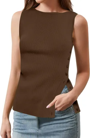 Ythomm Womens Asymmetrical Side-Button Slit Tank Tops Sleeveless Boat Neck Ribbed Knit Sweater Vest Solid Slim Going Out Tops