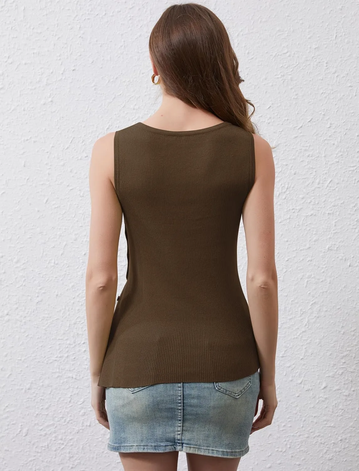 Ythomm Womens Asymmetrical Side-Button Slit Tank Tops Sleeveless Boat Neck Ribbed Knit Sweater Vest Solid Slim Going Out Tops
