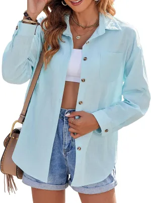 Zeagoo Womens Color Block Button Down Shirts Long Sleeve Linen Shirt Oversized Cotton Blouses Tops with Bust Pocket