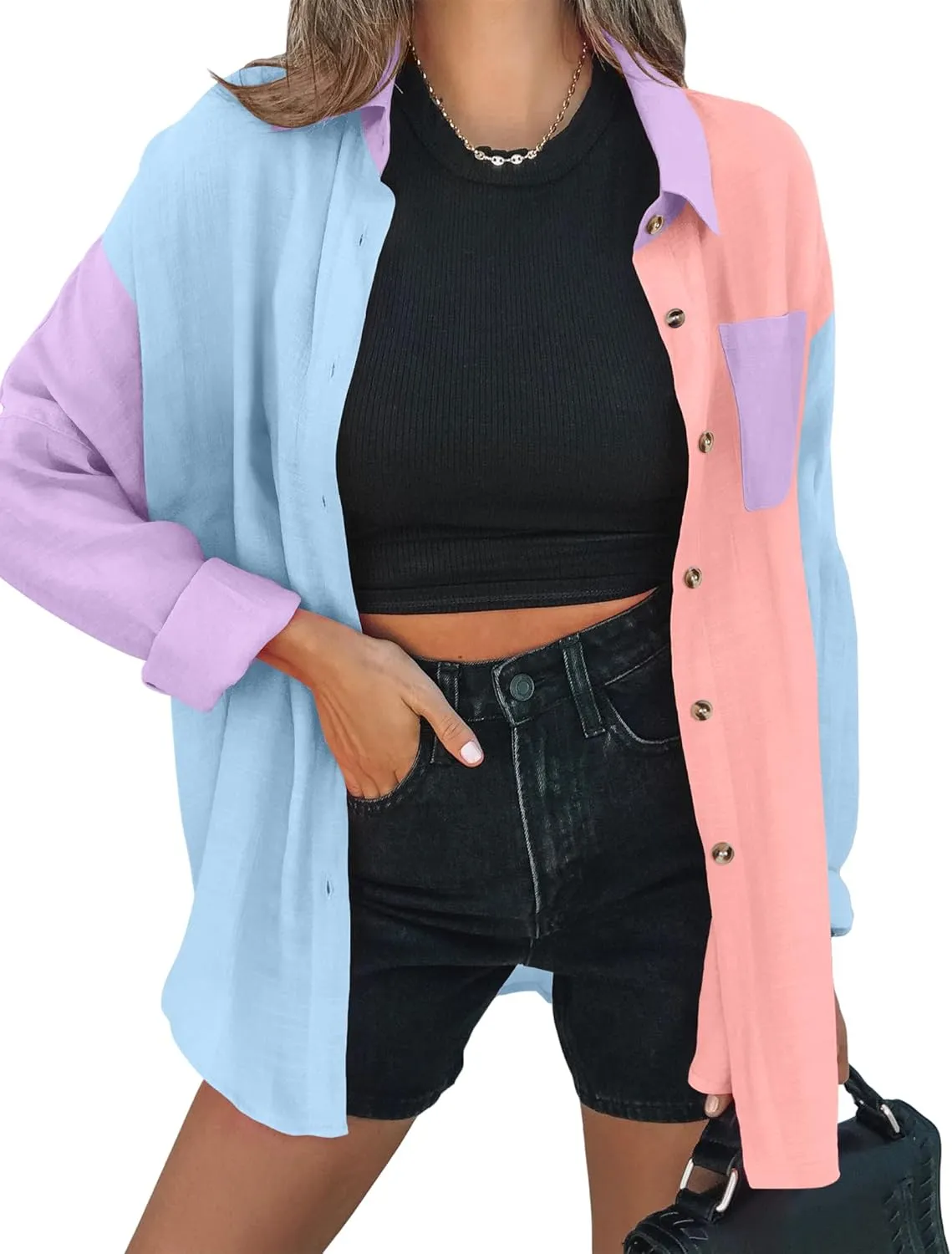 Zeagoo Womens Color Block Button Down Shirts Long Sleeve Linen Shirt Oversized Cotton Blouses Tops with Bust Pocket