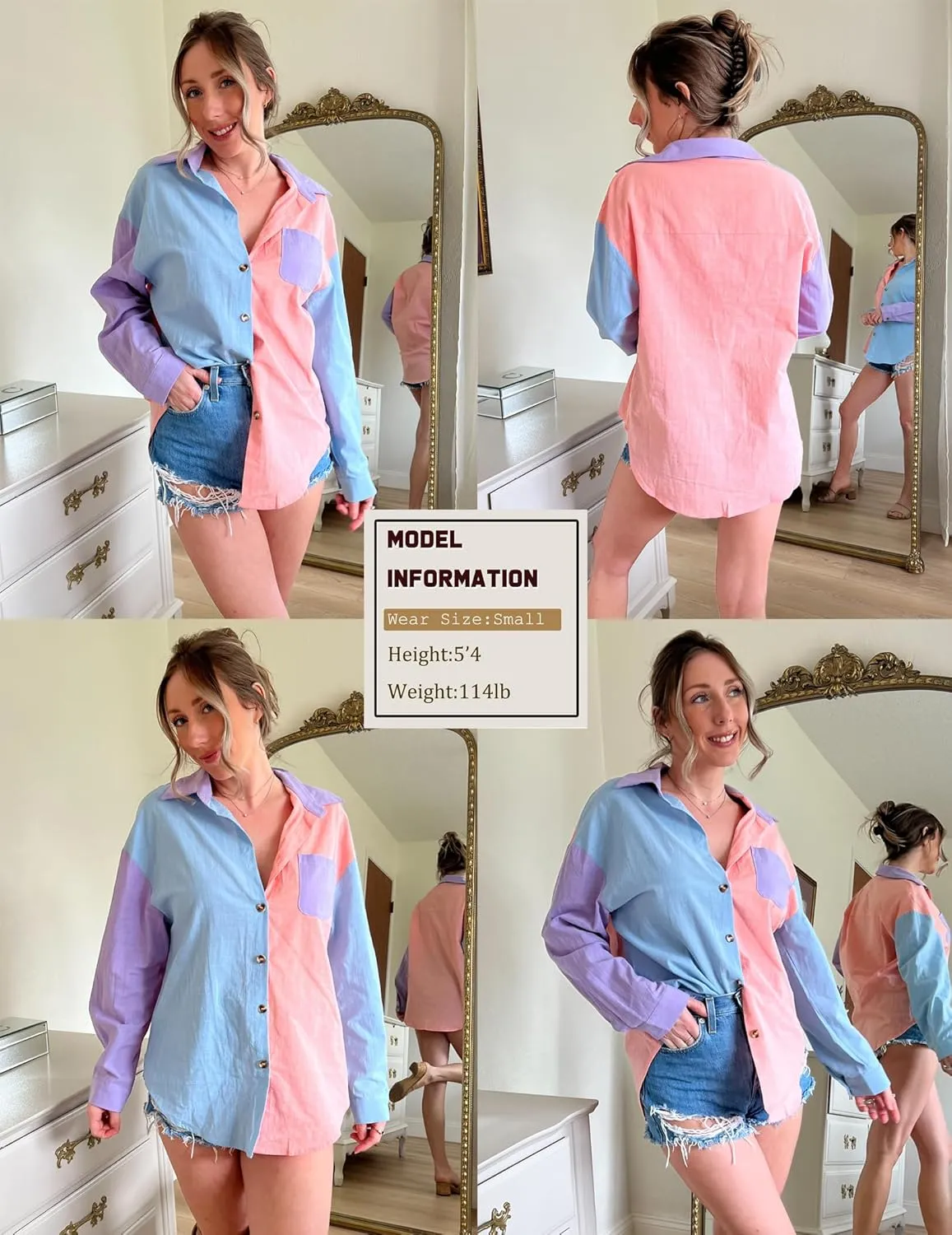 Zeagoo Womens Color Block Button Down Shirts Long Sleeve Linen Shirt Oversized Cotton Blouses Tops with Bust Pocket