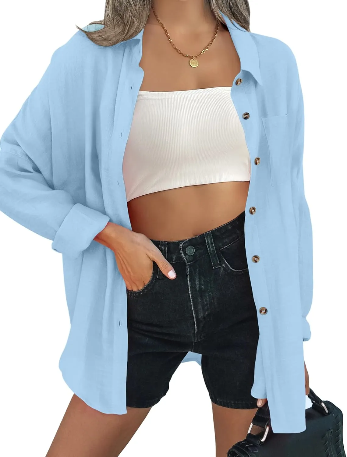 Zeagoo Womens Color Block Button Down Shirts Long Sleeve Linen Shirt Oversized Cotton Blouses Tops with Bust Pocket